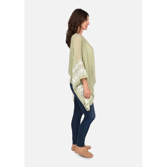Sage Green White Embroidered Sleeve Boat Neck Kaftan Top - Picture 7 of 7